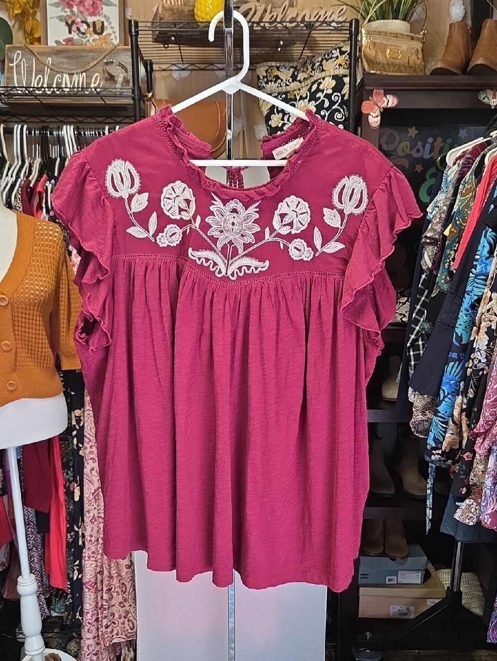 Knox Rose Berry Pink Embroidered Ruffle Sleeve Blouse